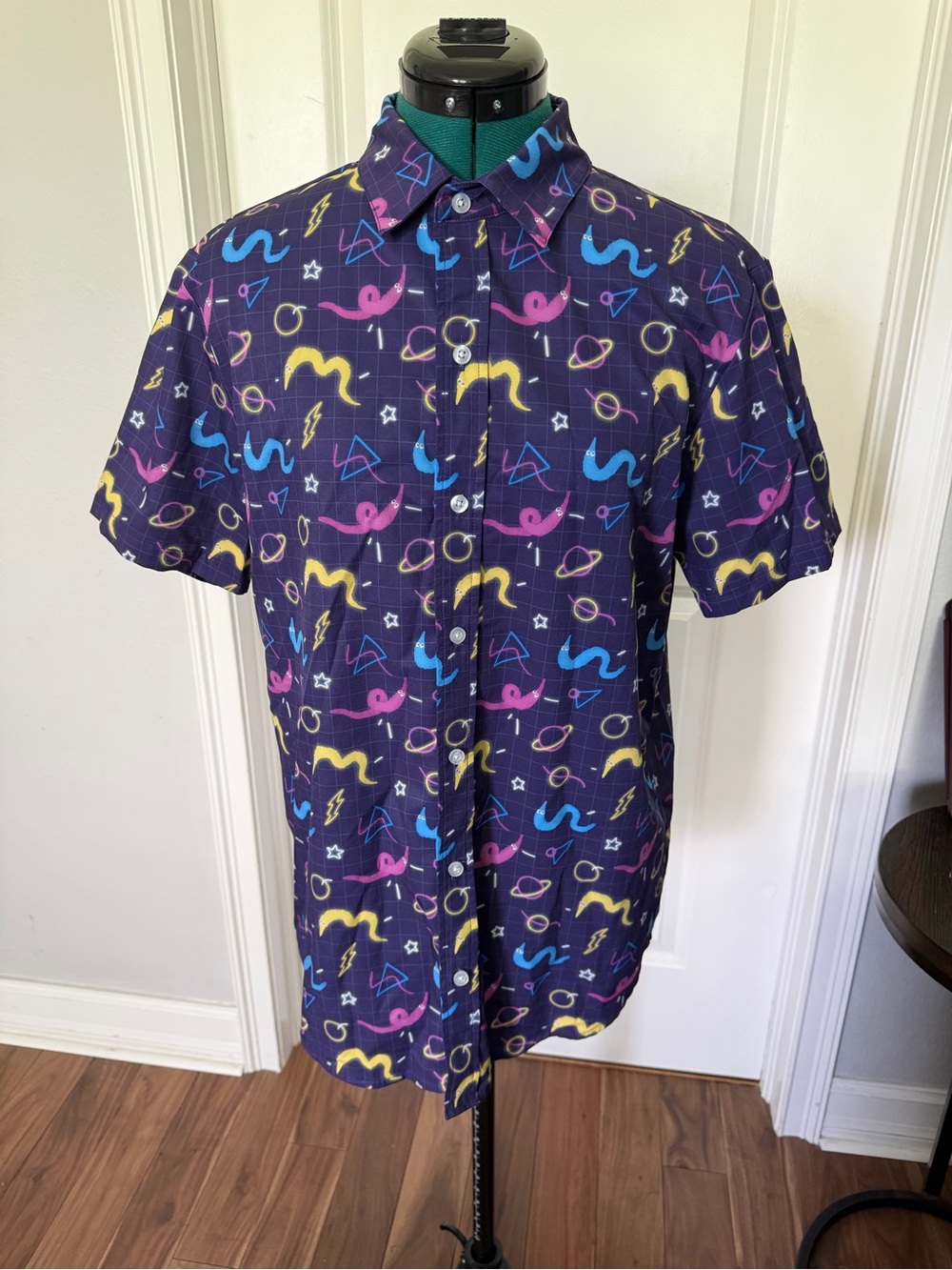 Men's Short-Sleeve Button-Up Shirt in Navy with Multicolor Print